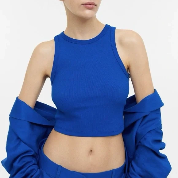 H&M Blue Ribbed Crop Tank Top - Picture 1 of 4